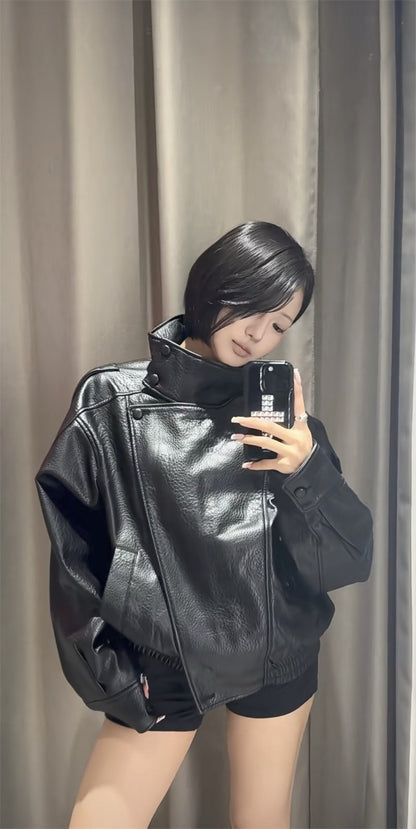 Women's Jacket Fall 2025 New Black Long Sleeve Pebble Faux Leather Jacket Motorcycle Style Personality Fashion