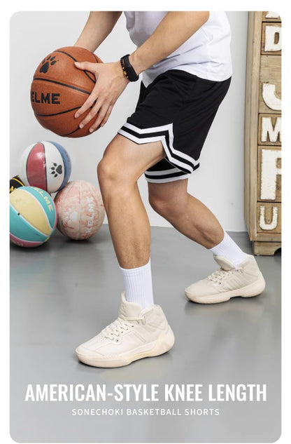 SONECHOKI Knee Length Basketball Shorts Men Striped Loose Running Sport Gym Mesh Breathable Fitness Training Workout Bottom Male