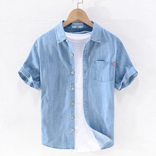 Men Denim Shirt , Thin Summer Half Sleeve Casual Top, Loose Trendy Handsome Short Sleeve ?Camping Denim Short Sleeve Jacket