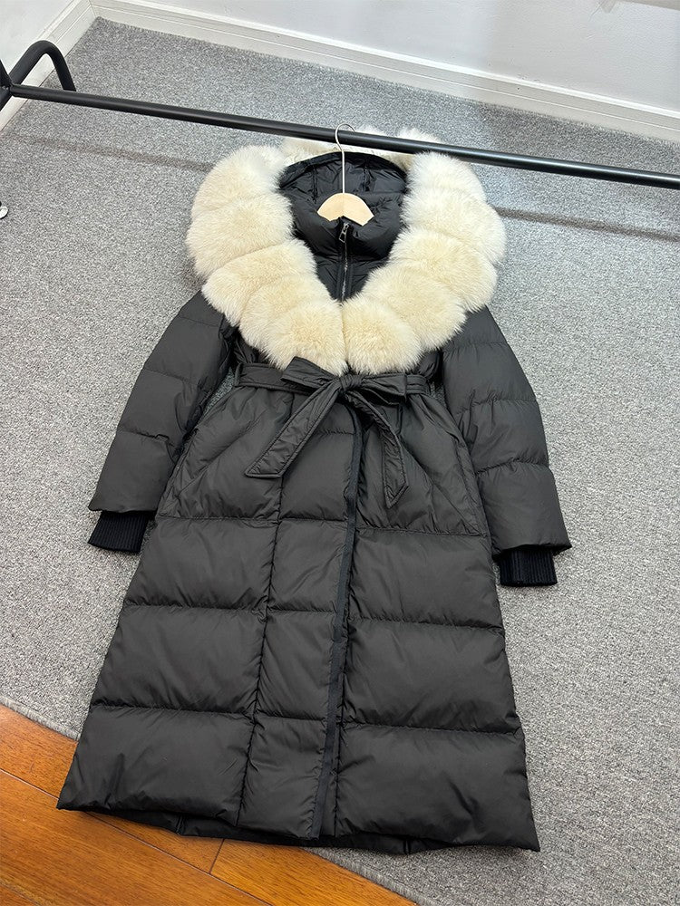 Janveny New Winter Long Hooded Puffer Jacket Women Warm Thickened Real Fox Fur Collar White Goose Down Jacket Waterproof Parkas