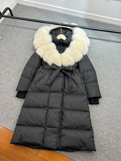 Janveny New Winter Long Hooded Puffer Jacket Women Warm Thickened Real Fox Fur Collar White Goose Down Jacket Waterproof Parkas