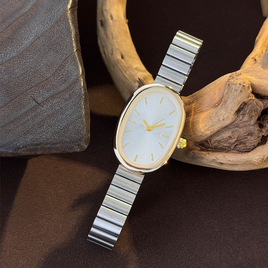 New Golden Retro Fashion Elliptical Quartz Watch Ladies Steel Strap Gold Watch Stylish Niche Timepiece