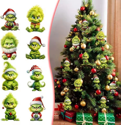 12pcs Whimsical Green Christmas Tree Ornaments - Acrylic Wooden Hanging Decorations For Holiday & Thanksgiving Home Decor