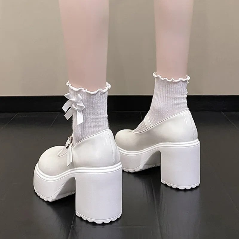 Sapatos Mary Jane Pretos de Salto Agulha Feminino 2023 Gótico Plataforma Grossa Bombas Sapatos Femininos Plus Size com Fivela no Tornozelo para Festa Lolita 42
