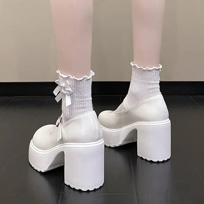 Sapatos Mary Jane Pretos de Salto Agulha Feminino 2023 Gótico Plataforma Grossa Bombas Sapatos Femininos Plus Size com Fivela no Tornozelo para Festa Lolita 42