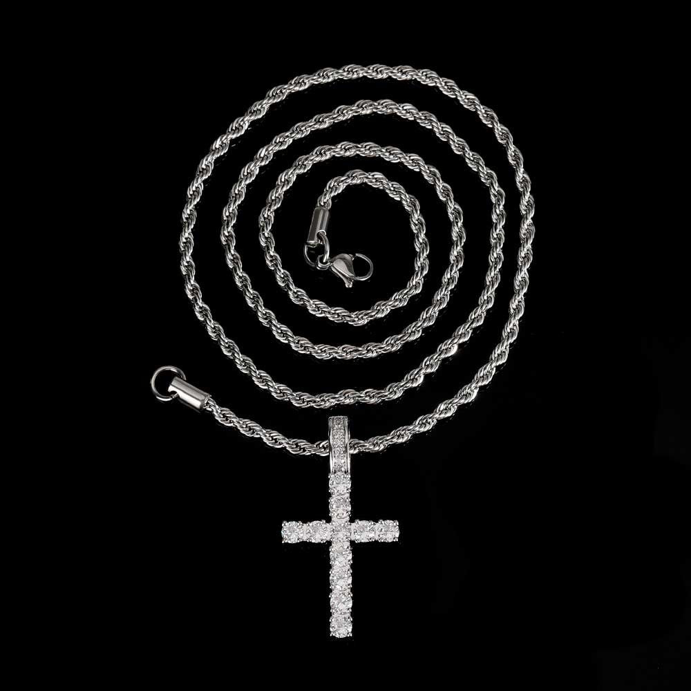 Iced Out Cubic Zirconia Cross Pendant Necklace Gold Silver Color Hip Hop Rope Chain Religious Jewelry Men Women Daily Party Gift