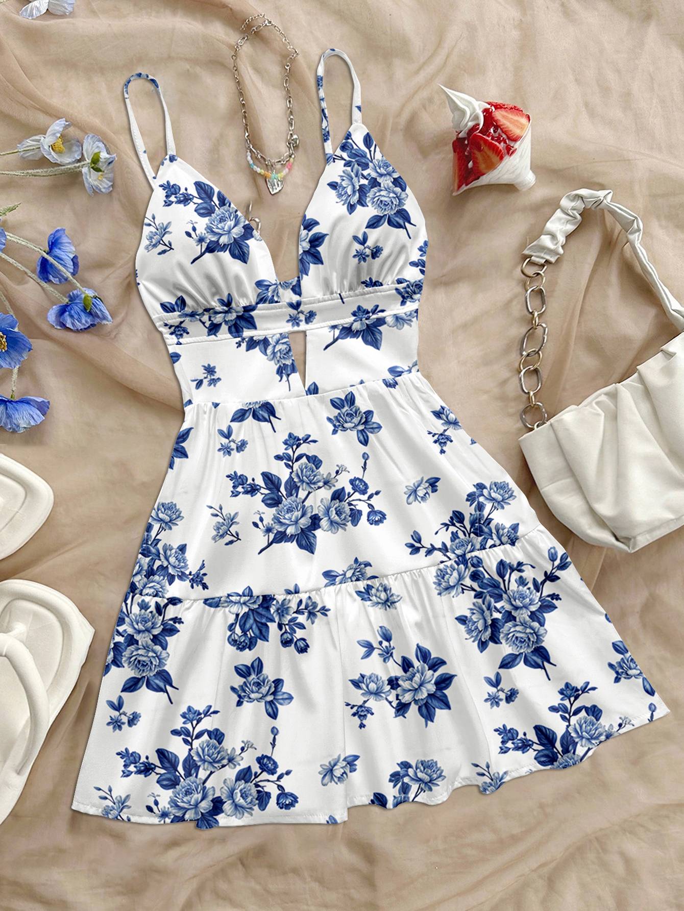 women's spring/summer new brand special sale beach tropical vacation outfits ethnic style blue flower print slim fit short dress