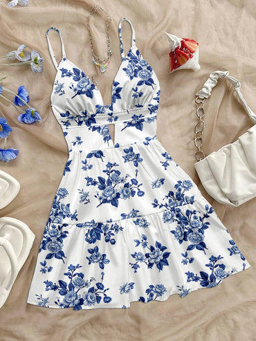 women's spring/summer new brand special sale beach tropical vacation outfits ethnic style blue flower print slim fit short dress