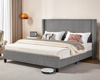 Base de Cama Queen Size Plataforma, Cama Estofada em Veludo Cotelê 129 cm com Cabeceira Estofada em Canal Vertical/Estrado de Madeira/Asa Lateral