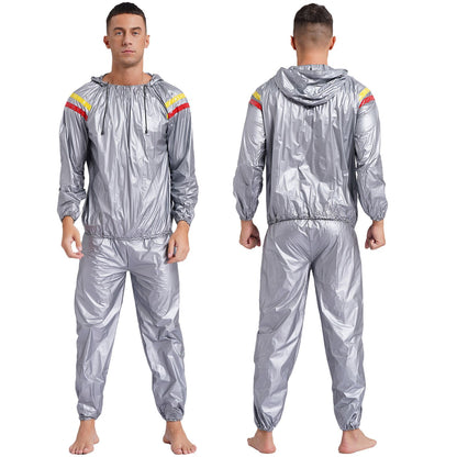 Mens Pullover Style PVC Sweating Suit for Boxing Gym Workout Fitness Sauna Sweat Outfit Hooded Jacket Outerwear And Long Pants