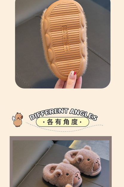 Capybara Children Slippers 2025 Winter New Cute Fluffy Cotton floor shoes woman Warm Indoor Cartoon Plush Floor Home Slippers