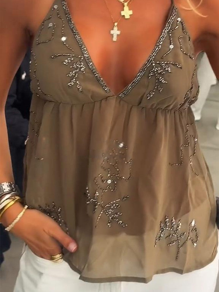Sequins Bead Snowflake Midi Dress Women Fashion Sleeveless Backless Ruffle Pleat