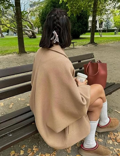 Women's Oblique Button Loose Batwing Sleeve Jacket Coat Lapel Double Pocket Warm Solid Vintage Outerwear Fall Winter Coat