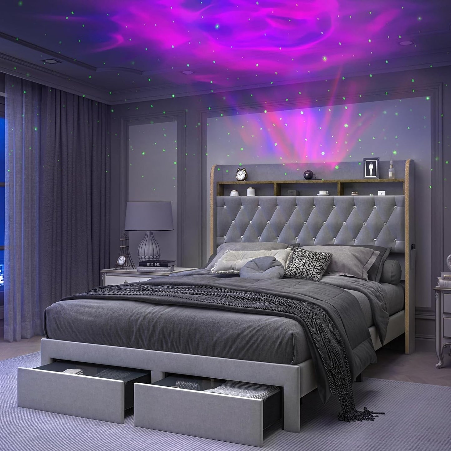 Cama Queen LED com 2 Gavetas de Armazenamento, Plataformas Estofadas em PU com Projetor Estrelas Galáxia Estação de Carregamento e Alto-falante, Au
