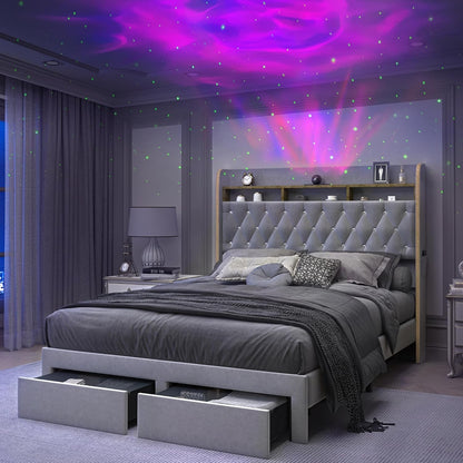 Cama Queen LED com 2 Gavetas de Armazenamento, Plataformas Estofadas em PU com Projetor Estrelas Galáxia Estação de Carregamento e Alto-falante, Au