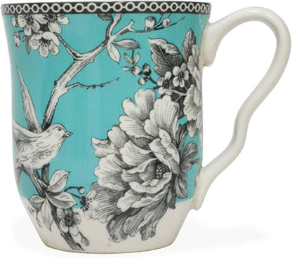 Adelaide 16-Piece Square Floral Dinnerware Set - Service for 4, Turquoise Porcelain Plate, Bowl & Mug Set, Chip Resistant, for E