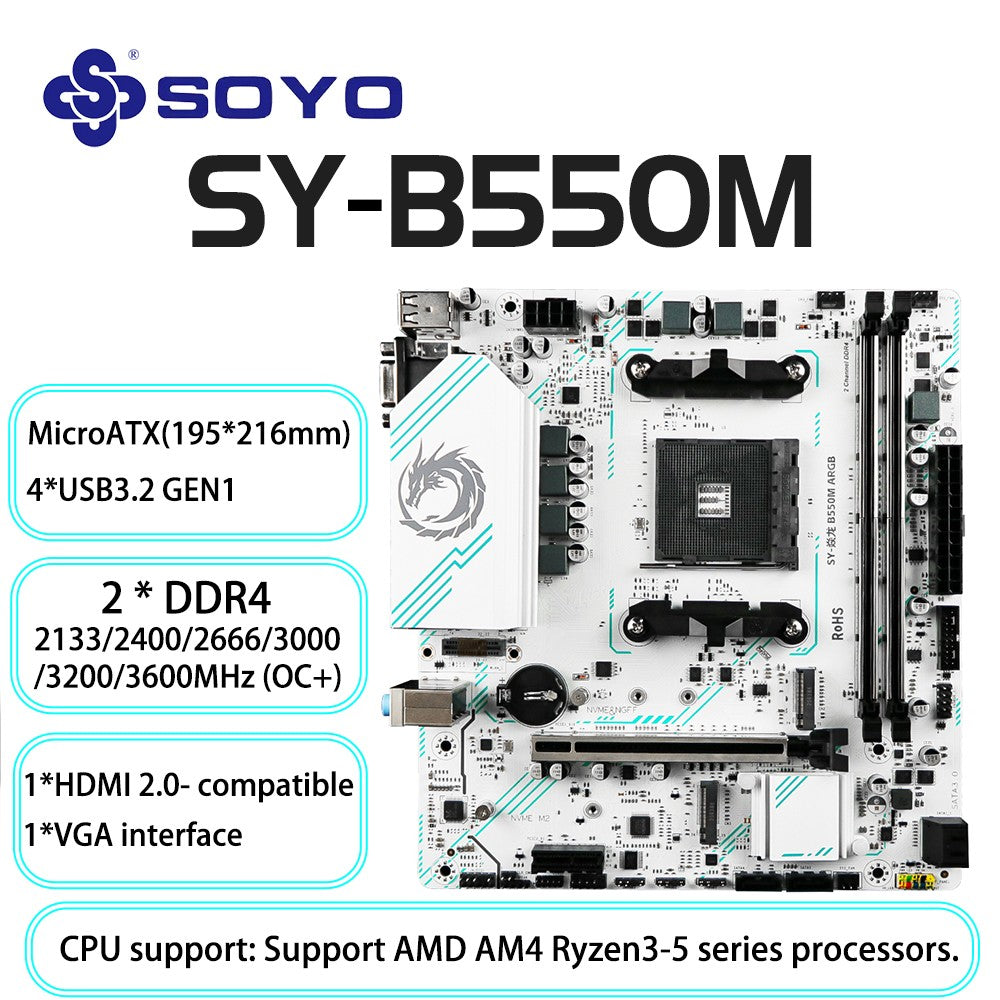 Placa-mãe gamer SOYO AMD B550M USB3.1 M.2 Nvme Sata3 DDR4 Dual Channel Suporta RYZEN R3 R5 R7 3000 4000 5000 CPU Socket AM4