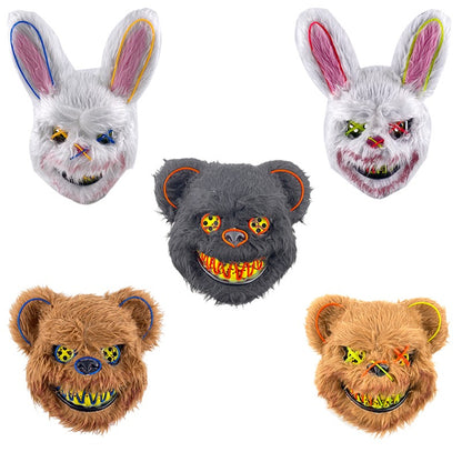 LED Bloody Rabbit Mask Glowing Killer Black Bear Mask Halloween Dance Party Cosplay Costume Props Assassinated Plush Rabbit Mask