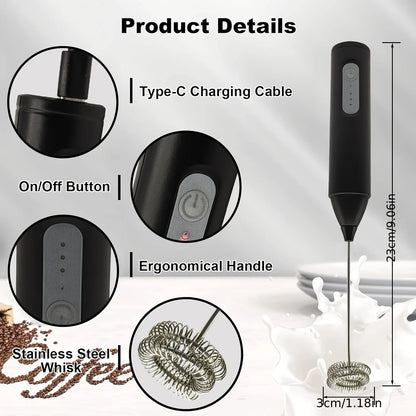 Espumador de leite elétrico recarregável portátil para bebidas, máquina de café, batedor de ovos de 3 velocidades, mixer multifuncional para cozinha doméstica