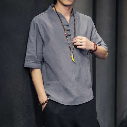 2023 Men Summer Cotton Linen Tang Shirt Men Chinese Style Button Short-Sleeved Shirts Male Blouse Vintage Kung Fu Hawaiian Shirt