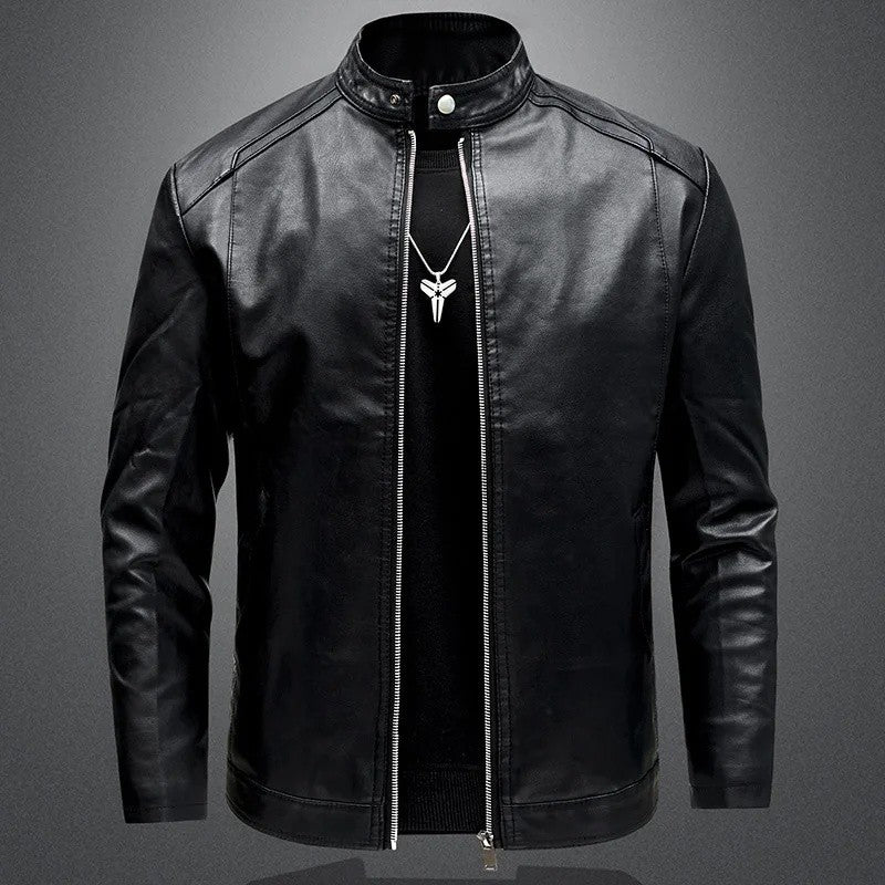 Men's Biker Leather Jacket Autumn Winter Thickened Fleece Casual Versatile Slim Fit Large Size PU Leather Coat