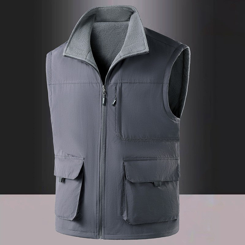 Colete de Pesca Masculino de Veludo Outono e Primavera Novo, Casaco de Veludo para Homem, Colete de Trabalho Solto e Moderno com Vários Bolsos para Homens de Meia-Idade