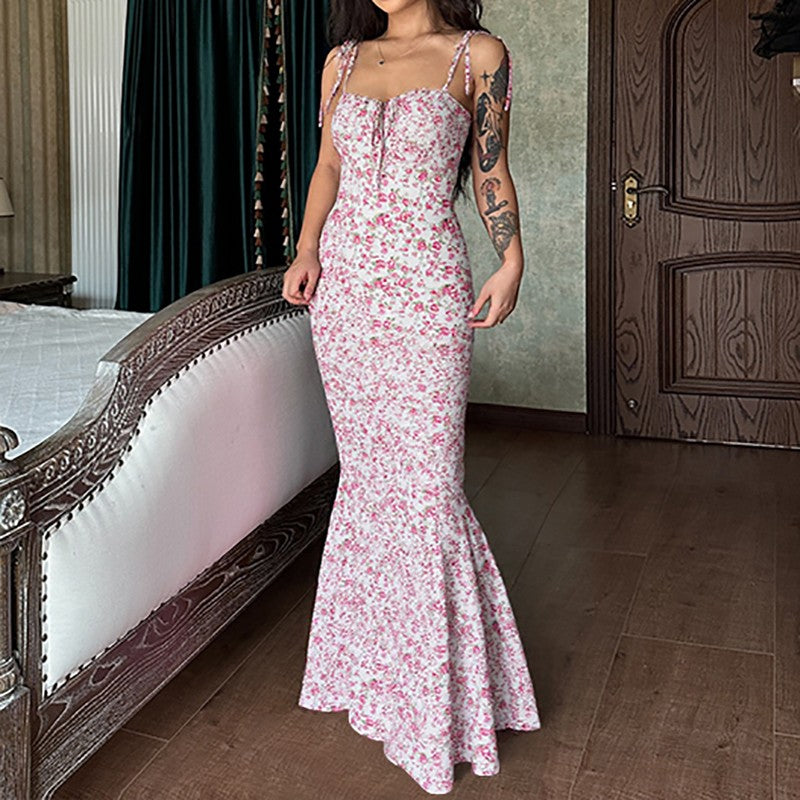 Hugcitar Floral Print Sleeveless Backless Slips Lace Up Maxi Dress Sexy Bodycon