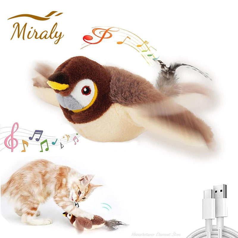 Brinquedos Interativos para Gatos Brinquedo de Pássaro Voador Recarregável para Gatos Pássaro Cantando Batendo Asas (não voa) Pode Adicionar Catnip Brinquedo de Pelúcia Ativado por Toque
