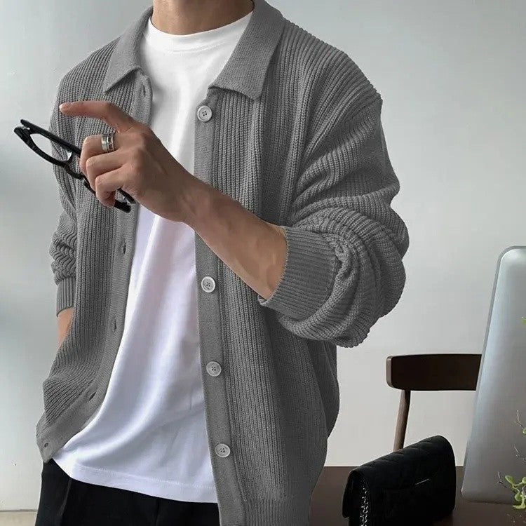 Early Autumn Casual Men's Knitted Cardigan Green Collar Open Front Sweater Trendy Korean Style Dongdaemun Fashion Streetwear