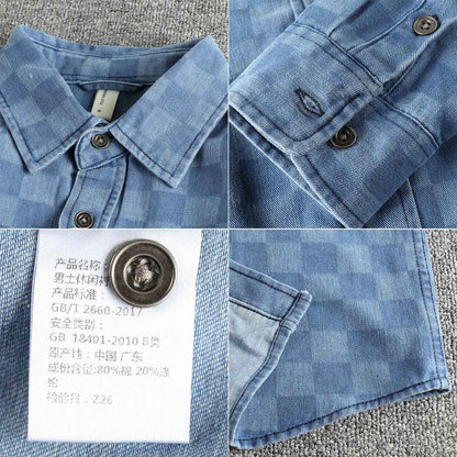 Spring Japanese Retro Long Sleeve Lapel Denim Plaid Cargo Shirts Men's High Street 100% Cotton Washed Loose Casual Thin Jacket
