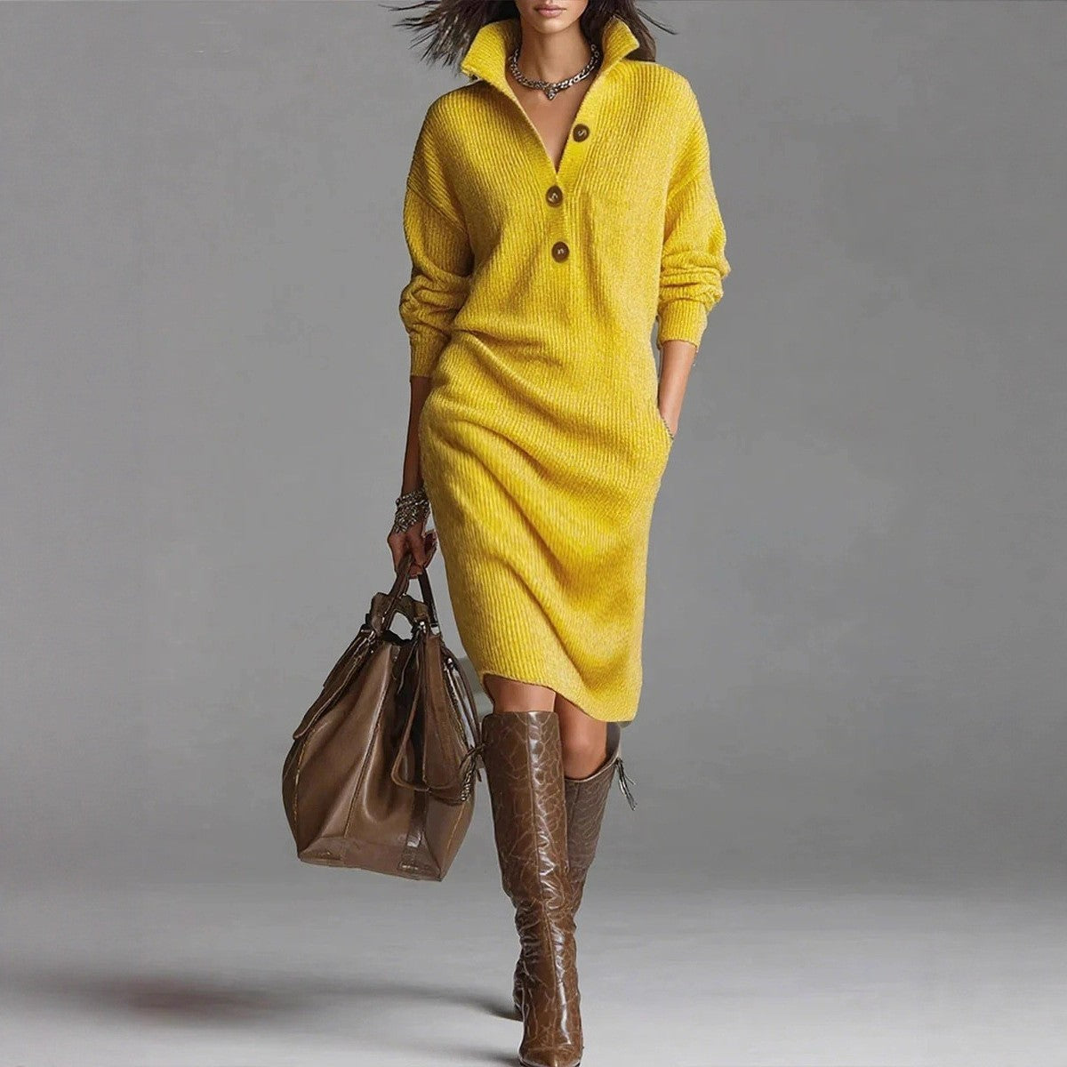 Fall Winter Sweater Dress Women 2025 Fashion Solid Color Slim Long Sleeve Midi Dresses Elegant