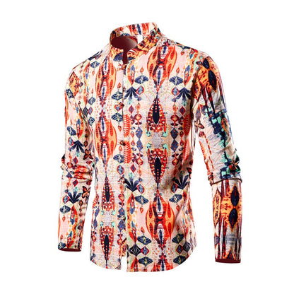 Chinese Style Men's Stand-up Collar Long-sleeved Shirt, Single-breasted Printed Shirts, Fashion Casual Camisas, Red Green Blue