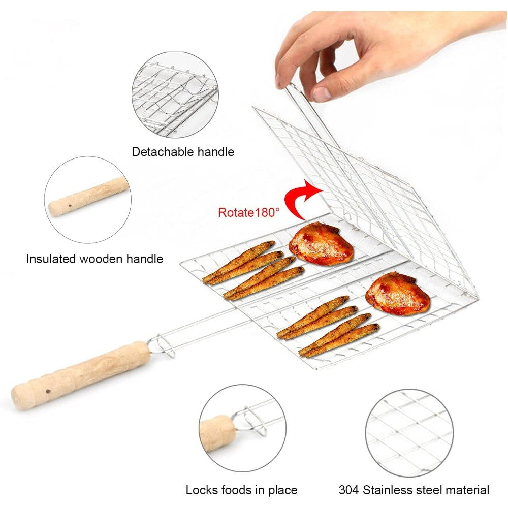 Stainless Steel Barbecue Rack Foldable Portable Long Handle Barbecue Basket Large Capacity Grilling Net Barbecue Tools