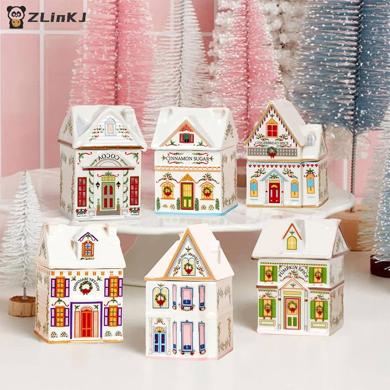 ?1PCS Holiday Village Spice House Set, Mini Christmas Gingerbread Houses Jars, Kitchen Countertop Festive Decor, New Year Gifts