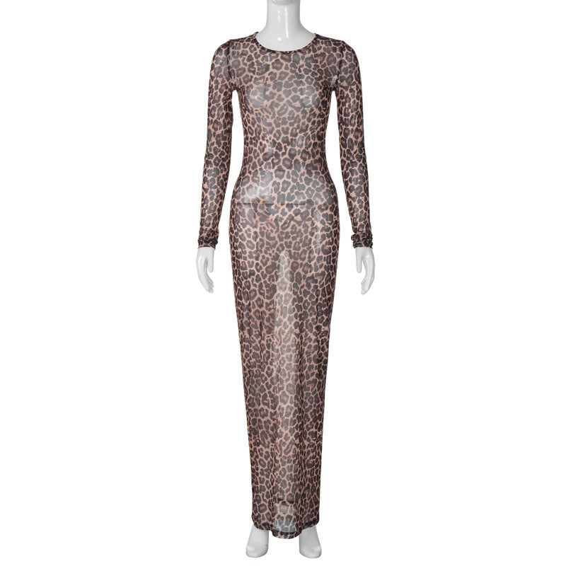 Hugcitar Leopard Print Mesh Long Sleeve Sexy Slim  See Through Maxi Dress Fall W