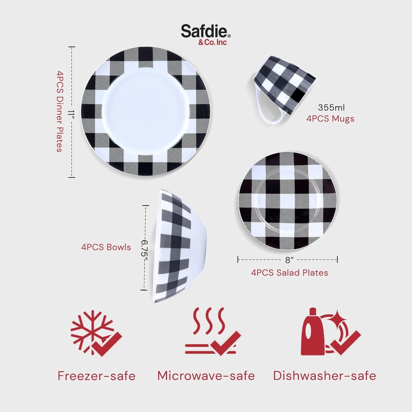 Inverno Geada Branca, Jogos de Jantar Modernos Pretos para Cozinha, Pratos e Louças Internas, Conjunto de Pratos e Tigelas de Cozinha Xadrez de 16 Peças com Mu