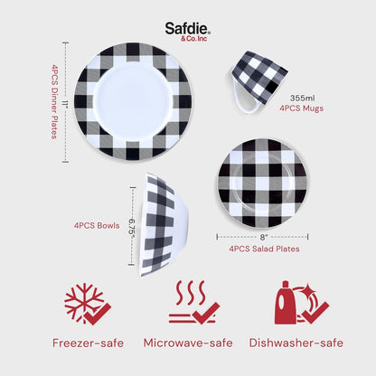 Inverno Geada Branca, Jogos de Jantar Modernos Pretos para Cozinha, Pratos e Louças Internas, Conjunto de Pratos e Tigelas de Cozinha Xadrez de 16 Peças com Mu