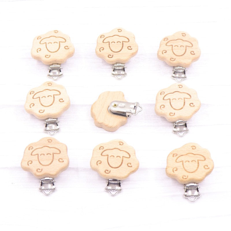 5pcs 30mm Laser Patern Metal Steel Round Beech Wood Clips Baby Teethers Toys Pacifier Chain Holder Making