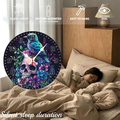 Evil Skull Wooden Round Silent Hanging Wall Clock, Suitable For Living Room, Office, Study Room, Bedroom, Home Decoration