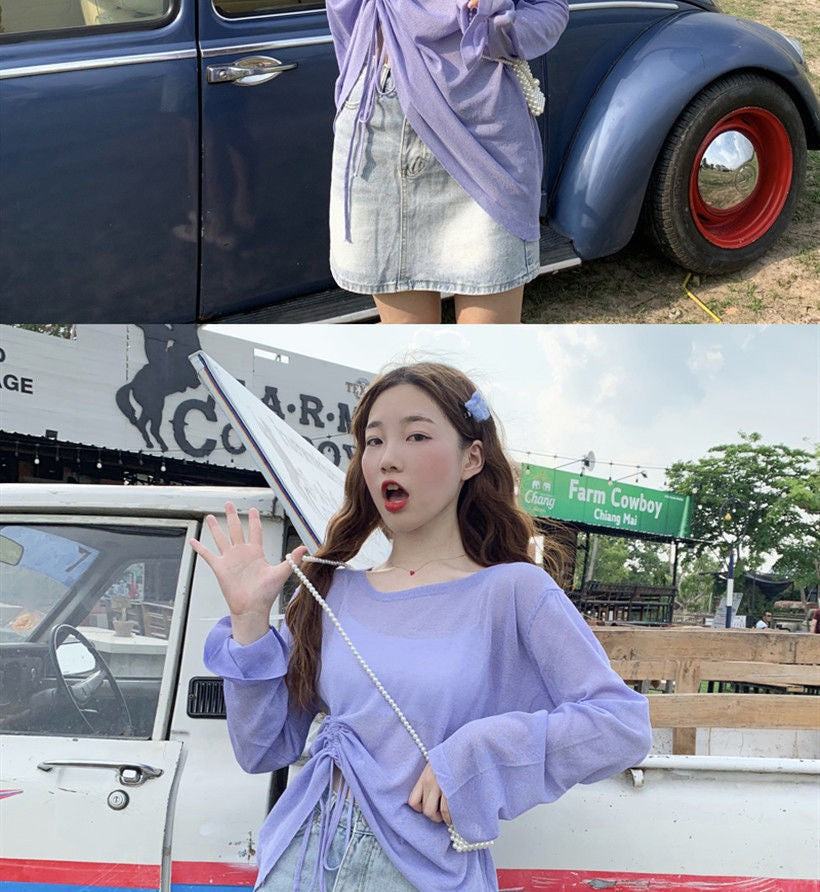 Women's 2025 Women's Summer New Beach Long sleeved Sunscreen Jacket Loose Hoodie Drawstring Upward Shirt