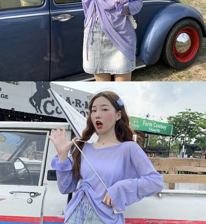 Women's 2025 Women's Summer New Beach Long sleeved Sunscreen Jacket Loose Hoodie Drawstring Upward Shirt