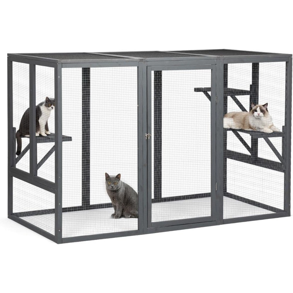 Gaiola Externa à Prova de Intempéries para Gatos, Catios Grandes de Madeira com 3 Plataformas, Casas para Gatos de Jardim, Espaço Fechado de 71L