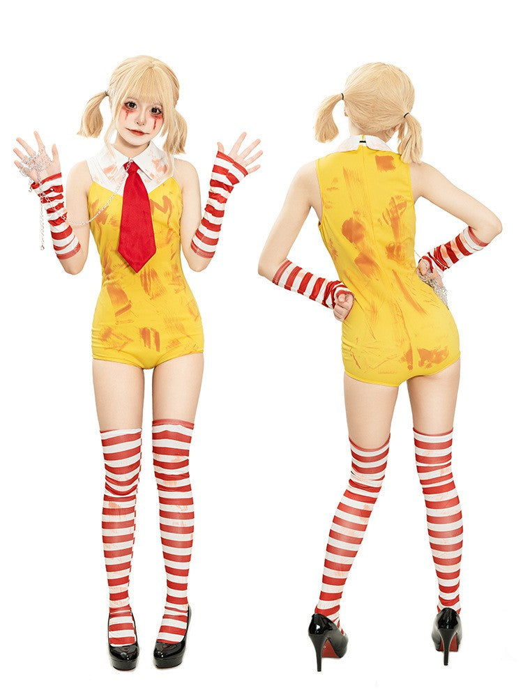 Women Halloween Funny Clown Girl Cosplay Jumpsuit Complete Accessory Set Ladies Party Roleplay Costume Cute Carnival Slim Outfit