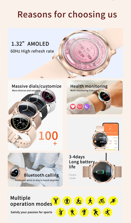 2026New Ultra Slim 1.32" HD AMOLED SmartWatch Women's Screen Always Display Time Heart Rate Calls HD High-end Fashion Smartwatch