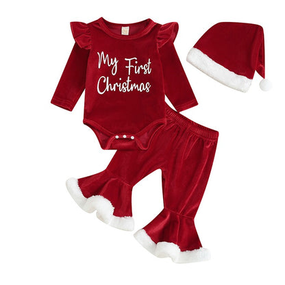 Infant Baby Girl Christmas Jumpsuit Outfits Letter Print Long Sleeve Romper Flare Pants Hat Toddler Clothes 0-18M