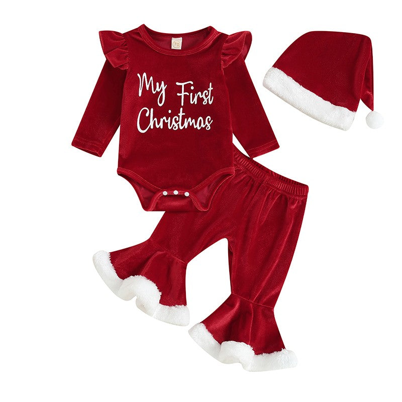 Infant Baby Girl Christmas Jumpsuit Outfits Letter Print Long Sleeve Romper Flare Pants Hat Toddler Clothes 0-18M
