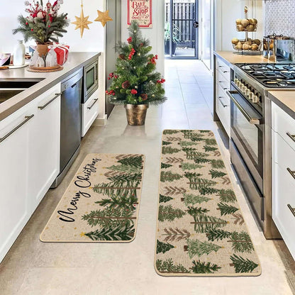 VIKAMA 2-Piece Christmas Festival Rug Set Kitchen Mat Combo, Entrance Hall Doormat Stain-Resistant and Easy-Care Home Decor