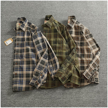 2024 Spring and Autumn New American Retro Woven Plaid Cargo Shirt Men's Simple 100% Cotton Washed Single Pocket Thin Jacket