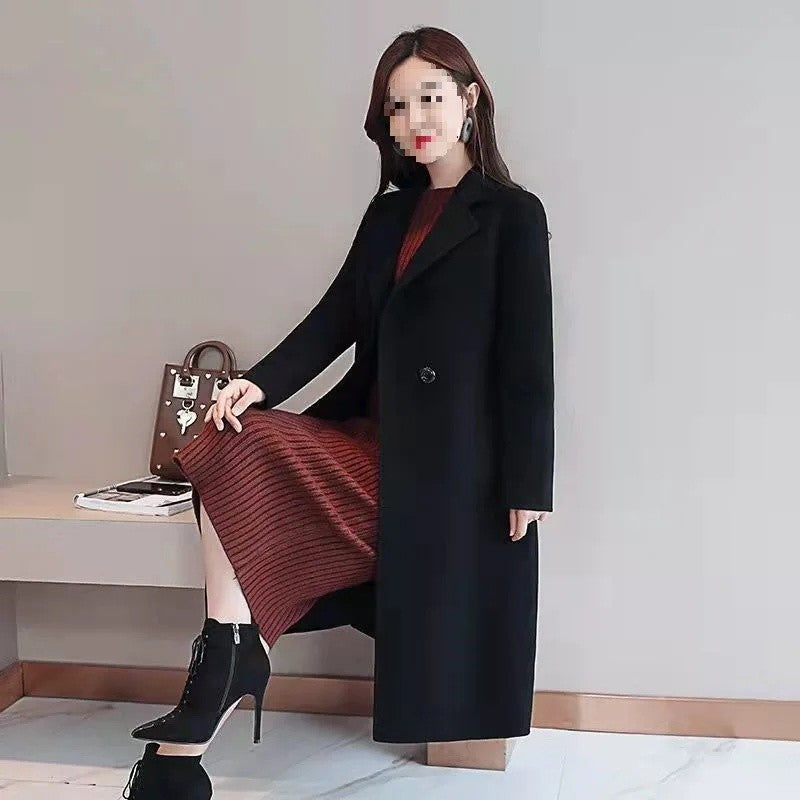 Plus Size New Women's Woolen Coat Medium-Length Loose Fit plus Size Korean Style Spring Autumn Outerwear Thickened Polyester ...