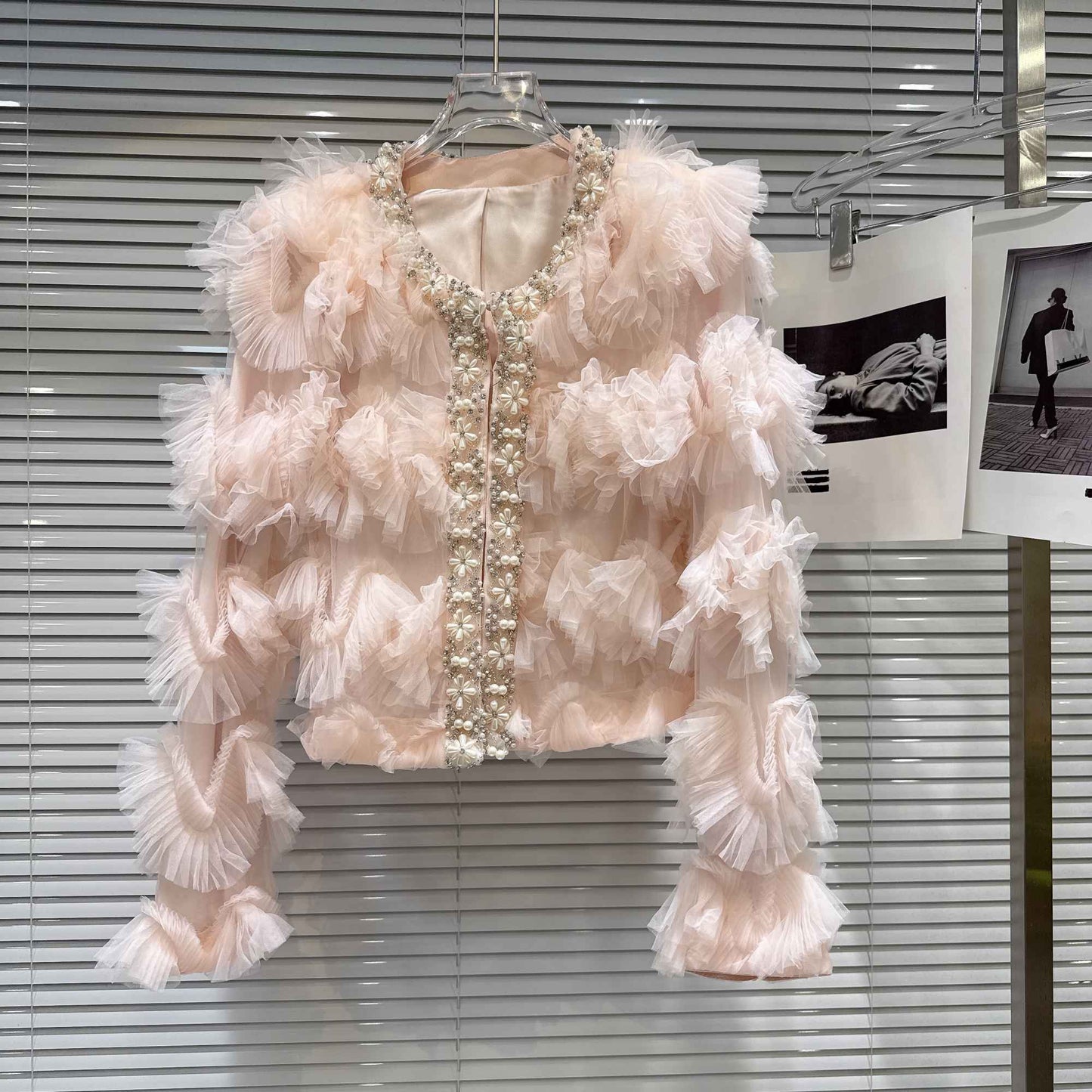 2025 Autumn New French Pearl Lace Layered Mesh Jacket Top